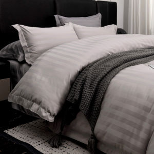 Bed & Breakfast Bedding Four-Piece Set Hotel Bedding Cloth Product Dark Gray and White Tribute Satin Strip Thickened and Densely Woven Dedicated