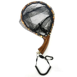 TAKEDO HM02 Curved Handle Ebony Wood Trout Landing Net Rubber Mesh Dip Nets With Lanyard Fly Fishing Net for Mackerel Bass Trout