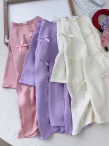 Áo dài lụa đính nơ kèm bờm cho bé gái từ 10kg - 30kg