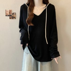 Áo Thun Dài Tay Rộng Rãi Cổ Chữ V Có Mũ Trùm Đầu Mỏng Thường Ngày Cho Nữ Mùa Thu