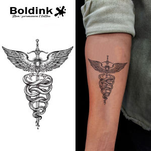 Boldink Winged Caduceus Sword Design Temporary TattooLasts To 15 Days New Technology Magic Waterproof Semi Permanent Sticker.