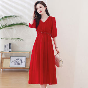 Impression Fashion Women French Chiffon Plain Pleated V-neck 3/4 Lantern Sleeve Beaded Cinched High Waist A-line Swing Long Dress Plus Size