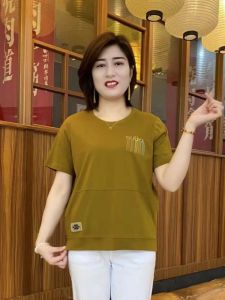 Summer New Pure Color Embroidered Short Sleeve T-Shirt Casual Loose Mom Clothes Large Size Thin Top Fashionable All Match