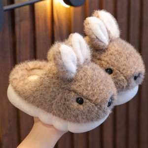 Autumn and Winter Baby Cotton Slippers Girl Warm with Velvet Rabbit Big Middle Children Cute Furry Bag Heel Kids Slippers