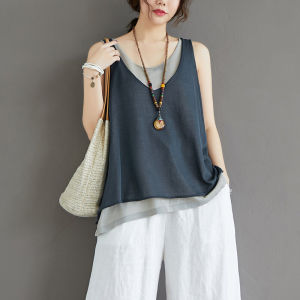 Summer Korean Style Loose False Two Pieces Cotton Linen Vest Small Shirt Fashionable Large Size Linen Knitted Sling Top for Plump Girls
