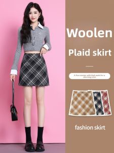 ZITENGFEI | Wool Tweed Grey Plaid A-line Skirt