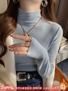 Womens Mid-Neck Fleece-Lined Cashmere Turtleneck Base Shirt Soft Comfortable Long Sleeve Autumn Winter Business Casual Pure Color