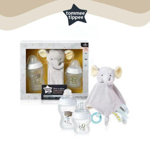 Tommee Tippee Silicone chai kính tráng trẻ sơ sinh Bộ quà tặng (5oz & 9oz chai sữa & Elephant Comforter với vòng gặm nướu)