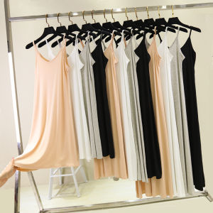 Slimming V-Neck Modal Long Sleeveless Dress Womens Mid-Length A-Line Midi Dress plus Size Base Layer Skirt Korean Style
