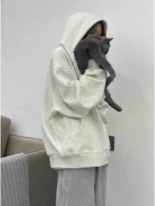 เสื้อสเวตเตอร์คาร์ดิแกนคอวีมีซิปแบบมีฮู้ดคอตตอนแท้ 100% ทรงหลวม ทรงสลิมฟิต สำหรับผู้หญิง แฟชั่นฤดูใบไม้ผลิและฤดูใบไม้ร่วง