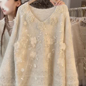 SHUAIYUE | Gentle Style 3D Flower V-Neck Long Sleeve Sweater