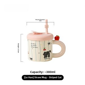 Cute Ceramic Cat Straw Mug Creative Hand-drawn Illustration Adult Beverage Cup Home Use Gift Box 380ml Cartoon Pattern