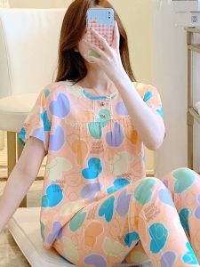 Summer Womens Sleepwear Cotton Silk Short Sleeve Long Pants Artificial Cotton Thin Home Clothes Girl Cartoon Print