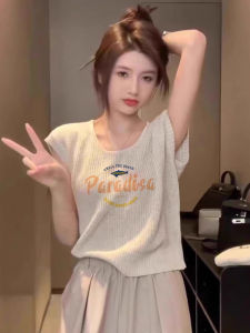 Khaki Short Knitted Vest Womens American Trend Chic Sleeveless Top Summer New Arrival Straight Cut Single Piece Letter Print