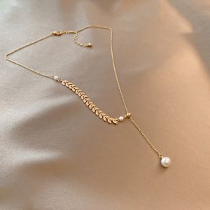 Wheat Ear Pearl Necklace Womens Fashion Temperament Light Luxury Titanium Steel Clavicle Chain Necklace Accessories