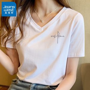 True Weave Dopaamine V-Neck Short Sleeve Womens T-Shirt Summer 2025 New plus Size Half Sleeve Pure Cotton Top Street Style
