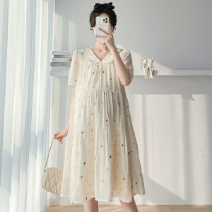 Váy Bầu Cua Cỡ Lớn Thêu Ngọt Ngào Thời Trang Mùa Hè Cho Phụ Nữ Mang Thai Dáng Chữ a Tay Ngắn Váy Cotton Dài Vừa Phải