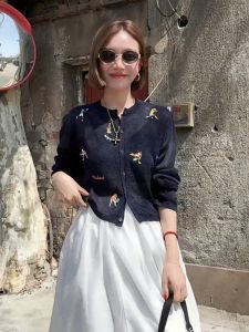 Cartoon Print Knitted Short Cardigan Womens Loose Fit Base Shirt Inner Wear 2025 New Style Autumn Korean Style Long Sleeve round Neck Top