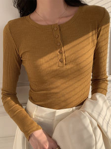 เสื้อยืดแขนยาวทรงเข้ารูปเซ็กซี่สำหรับผู้หญิง สีพื้น คอเปิดครึ่งตัว กระดุม ทรงเข้ารูป แขนยาว ฤดูใบไม้ร่วง/ฤดูหนาว