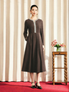 Hand Beaded Wool Blend V-Neck Dress