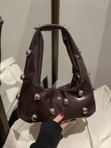 2024 New Womens Fashionable Rivet Shoulder Bag Korean Style Underarm Crossbody Bag Soft PU Leather Solid Color Handbag