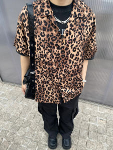 American Retro Fancy Leopard Print Cuban Collar Short Sleeve Shirt Mens Summer Hawaiian Half Sleeve Flower Shirt Outwear Tide