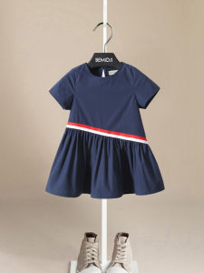 Blue Navy Style High Cotton Content Summer Dress Short Sleeve Girls Childrens Dress Thin Cotton Gored Skirt for Babies