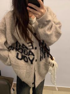 Idle Style Soft Glutinous Sweater Cardigan Female Early Autumn American Fancy Wear Letters Jacquard Loose-Fitting Knitting Outwear Fashion