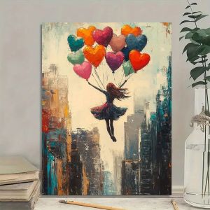 1pc Unframed Canvas Wall Art - Flying with Heart Balloon Pastel Pink & Turquoise Blue Doodle Painting Whimsical Decor Wrapped