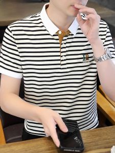 HENGYUANXIANG | Hengyuanxiang Mens Slim Fit Breathable Ice Silk Polo Shirt Short Sleeve Stripe Pattern Summer Thin Fashionable Youth T-Shirt