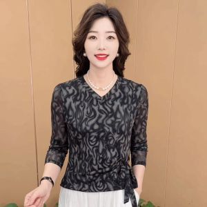 QIAOXIZI | Floral V-Neck Long Sleeve Loose T-Shirt for Women