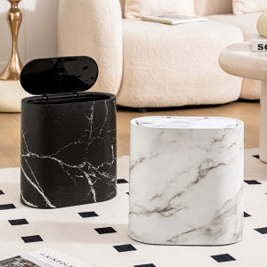 Minimalist Lidded Trash Can Narrow Trash Bin with Cover Marble Wood Pattern Plastic for Living Room Porch