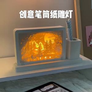 Lampu Malam Patung Kertas 3D Cermin Dengan Tempat Pena Dapat Dilepas Dapat Diisi Ulang
