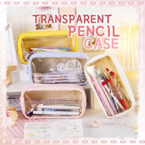 Korean Style Zipper Transparent Pencil Case Large Capacity Pen Bag Simple Multifunctional Stationery School Clear Bag