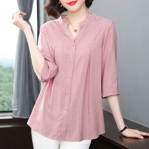 เสื้อเชิ้ตลายทางแฟชั่นสำหรับผู้หญิง แขนยาว 7 ฟุต คอวี ทรงหลวม คอลเลกชั่นฤดูใบไม้ผลิและฤดูใบไม้ร่วง สำหรับคุณแม่