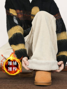 Thickened Fleece Warm Casual Pants Mens Winter Loose Straight Wide Leg Trendy American Corduroy Long Trousers Polyester Fiber