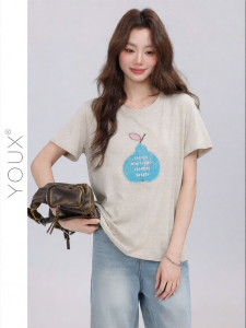 YOUXIANG | Áo Thun In Trái Cây Form Rộng Cổ Tròn Màu Xám
