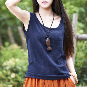 Loose Cotton Linen Sleeveless Vest Women Summer New Style Strap Top Ethnic Flavour Inner Wear Base Shirt Commute Pure Color