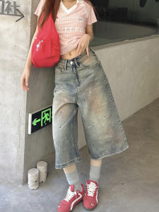 Quần Short Denim Ống Rộng Phong Cách Retro Mỹ Cho Nữ Mùa Hè Mới Cạp Cao Rộng Rãi Thon Gọn Quần Dài Đến Mắt Cá Chân