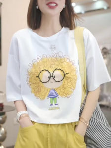 Shalldoer | Unique Beautiful Cartoon Print Short Sleeve T-Shirt Womens Casual Style Summer Fashion Top Comfortable Loose Fit Round Neck