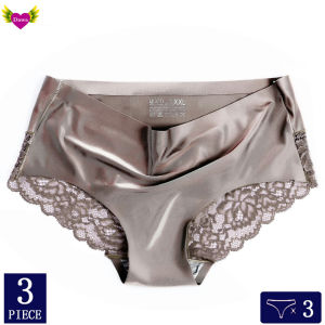 กางเกงชั้นในไร้ตะเข็บเซ็กซี่คุณภาพสูงสำหรับผู้หญิง 3 ชิ้น กางเกงชั้นในทรงสามเหลี่ยมเอวกลาง ขอบลูกไม้ ผ้าฝ้ายผสม