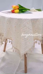 [100*140] Khăn trải bàn vải linen họa tiết hoa cúc có tai treo phong cách vintage cổ điển [T050]