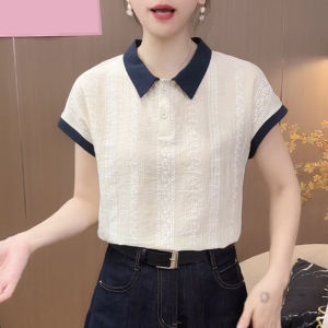 Shalldoer | เสื้อเชิ้ตแขนสั้นผู้หญิงคอโปโลลายปักสีบล็อกฤดูร้อน 2025 แฟชั่น เสื้อผ้าทำงาน ผ้าฝ้ายผสมโพลีเอสเตอร์ ปกติ