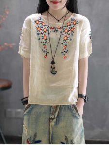 Retro round Neck Embroidered Loose Short Sleeve T-Shirt Womens Summer New Casual Top Pure Cotton Linen Comfortable Fit Tee