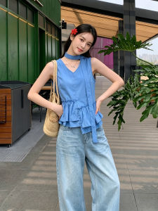 chaqi | Dopamine Blue V-Neck Flounce Strapless Summer Youthful Small-Sized Blouse