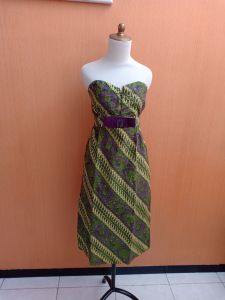 midi dress wanita ungu hijau motif batik S M kemben cute santai belakang karet