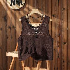 Large Size Hollow out Short Knitted Vest Womens Summer Loose Thin Retro Strap Shoulder Top Outerwear Fashion Commute Style