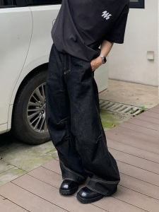 สีดำ ผู้ชายขากว้าง กางเกงยีนส์ พร้อม ขาดๆ ยับๆ ล้าง หลวม ตัดตรง กางเกงขายาว Retro American High Street ดีไซน์ ความยาวพื้น