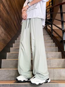 กางเกงกีฬาทรงหลวมสำหรับผู้ชาย กางเกงขายาวทรงตรงระบายอากาศได้ดี สไตล์สตรีท ฤดูร้อน 2024 กางเกงขายาวทรงตรง