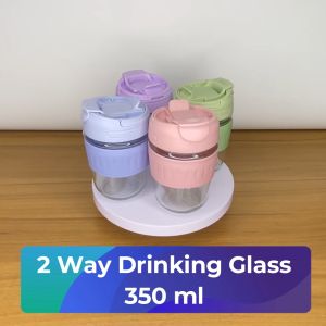 WPS 350ml/500ml Reusable 2 Way Drinking Glass Cup Mug W/ Lid Straw Handle & Protective Sleeve For Coffee & Juice